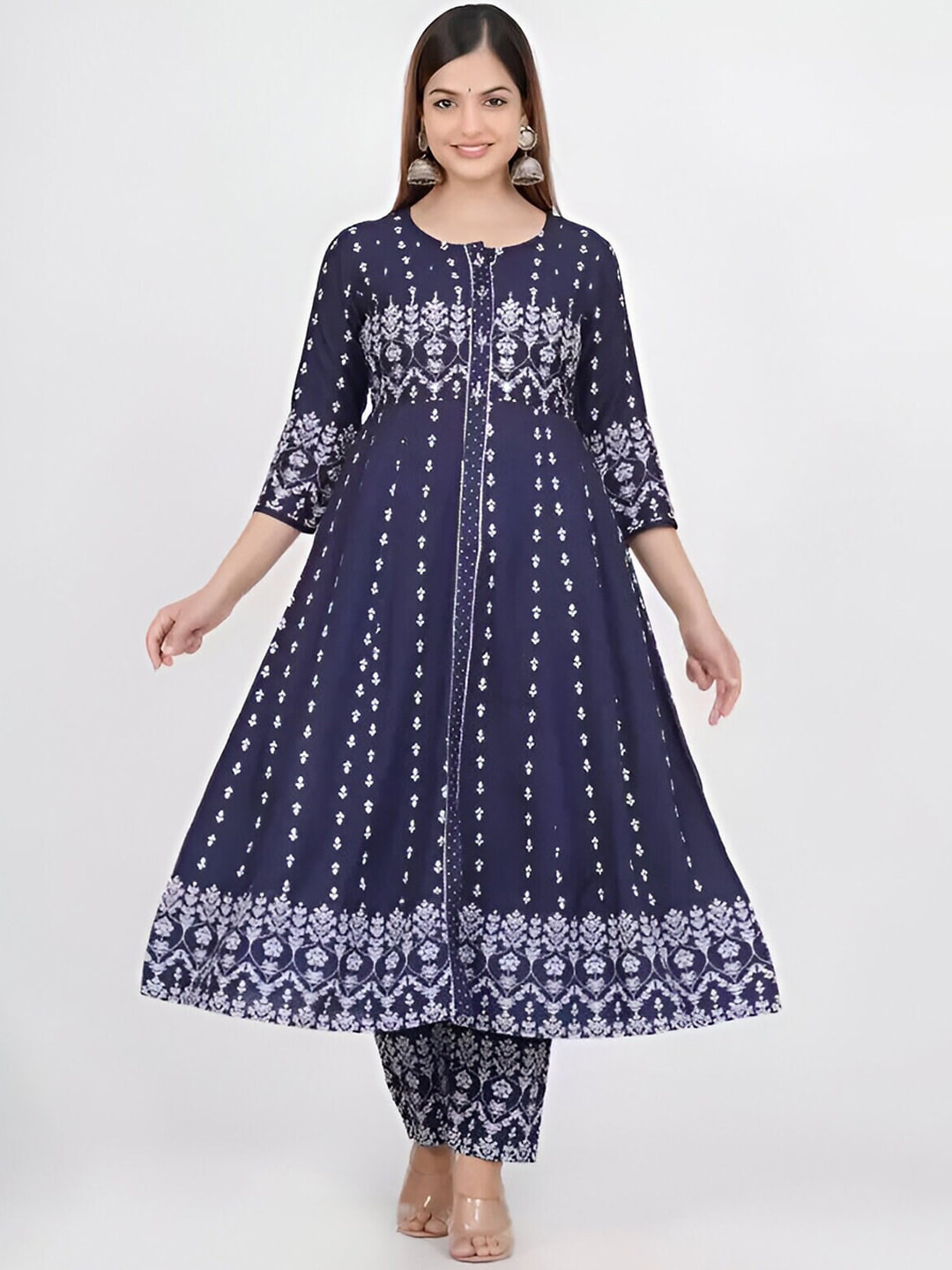 BAESD Floral Printed Round Neck Three-Quarter Sleeves A-Line Kurta with Trousers