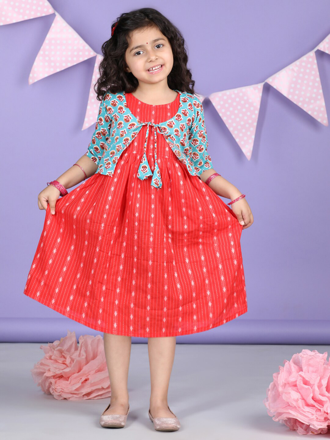 Sangria Girls Red Printed Cotton Sleeveless A-Line Ethnic Dress With Jacket