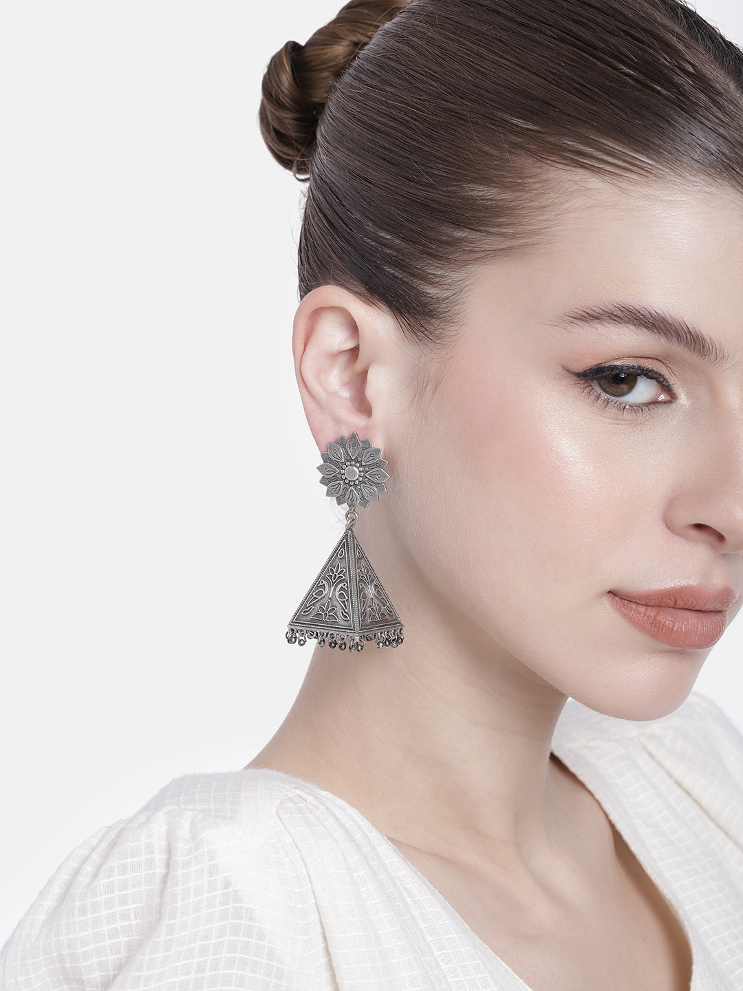 AITIHYA Silver-Plated Geometric Artificial Stones Jhumkas