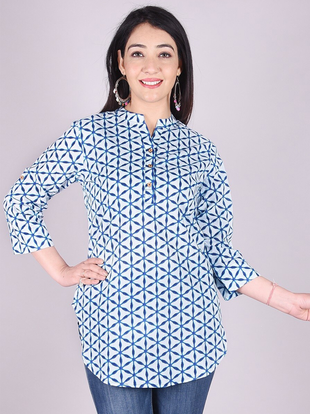 A&K Geometric Print High Neck Cotton Shirt Style Top
