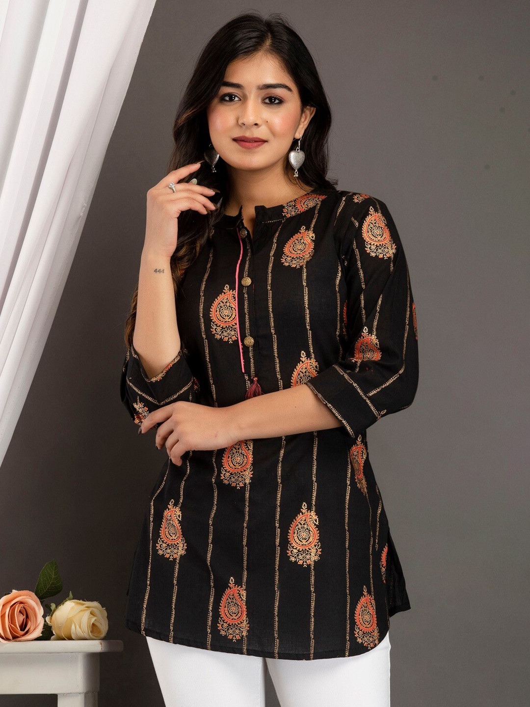 A&K Ethnic Motifs Tie-Up Neck Cotton Top
