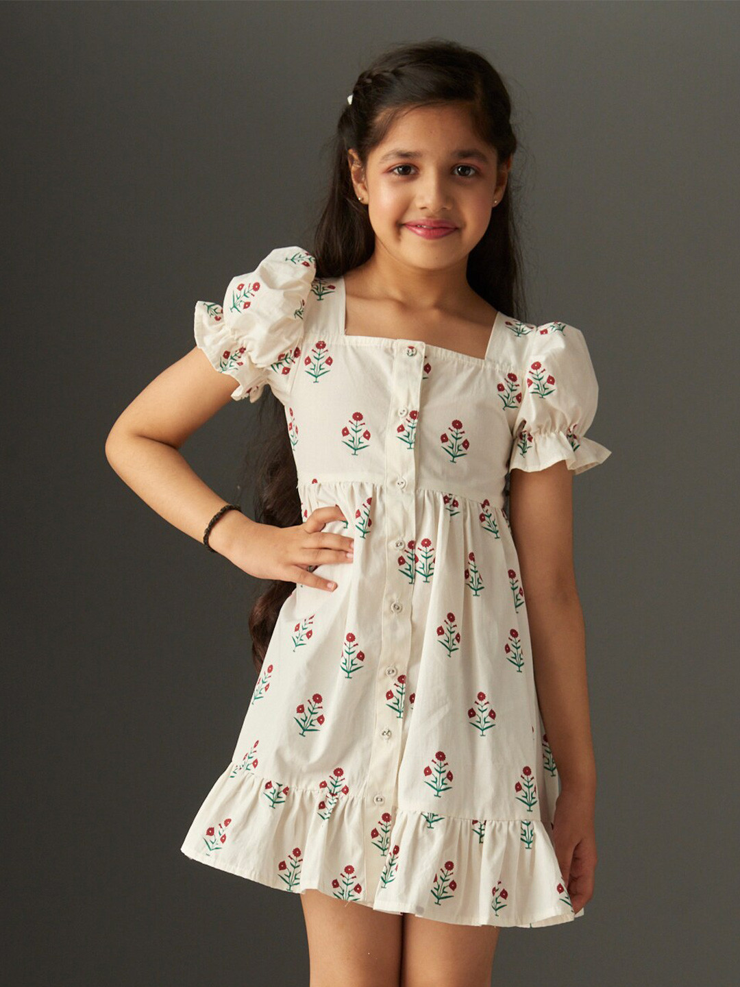 KidsDew Girls Floral Print Puff Sleeve Cotton Fit & Flare Mini Dress