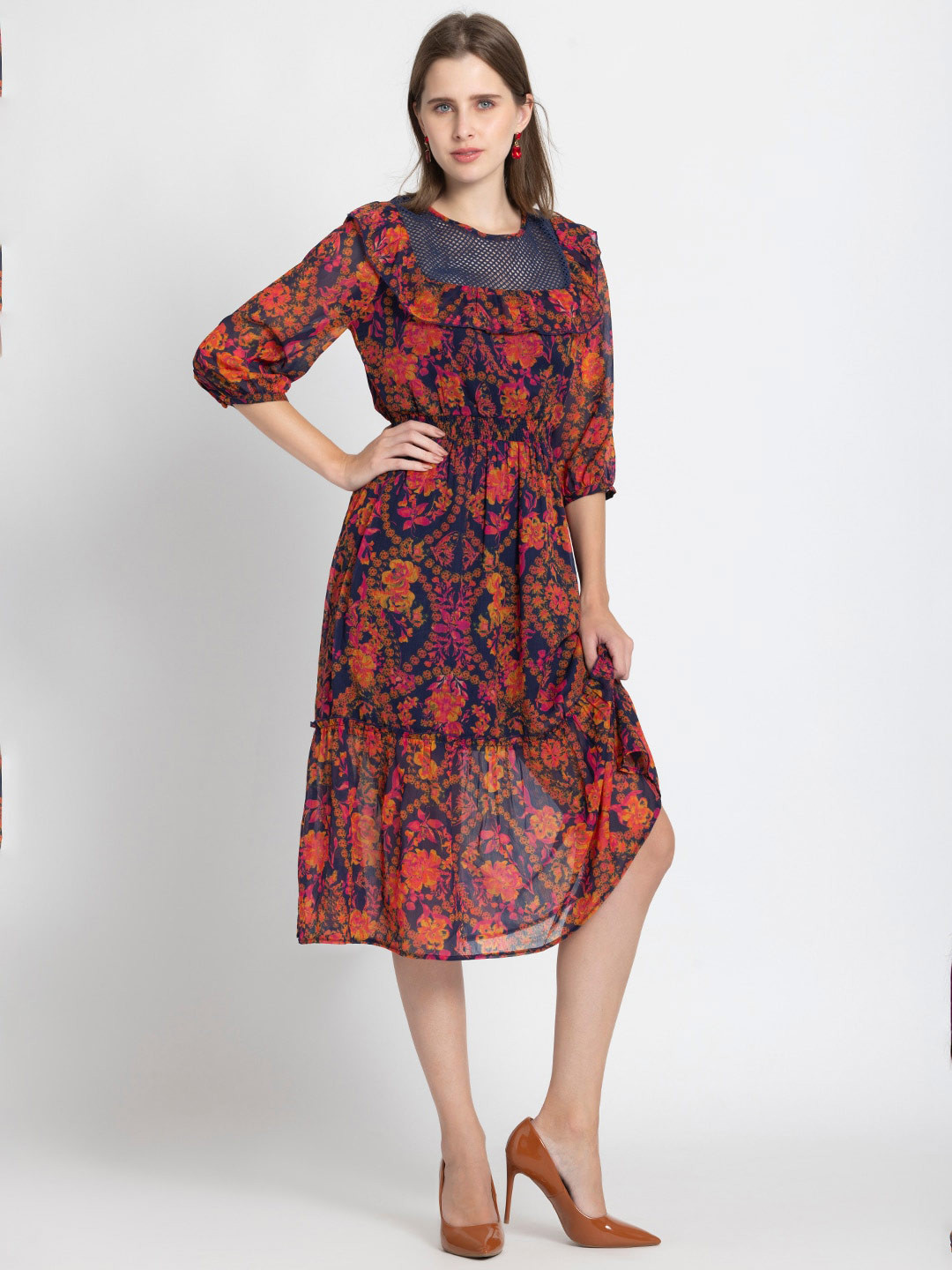 SHAYE Women Floral Print Ruffled Fit and Flare Midi Dress