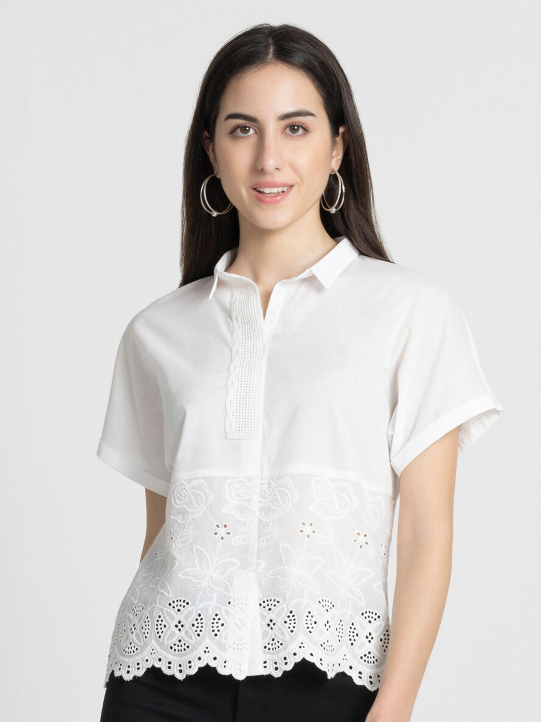 SHAYE Embroidered Lace Inserts Shirt Collar Style Top