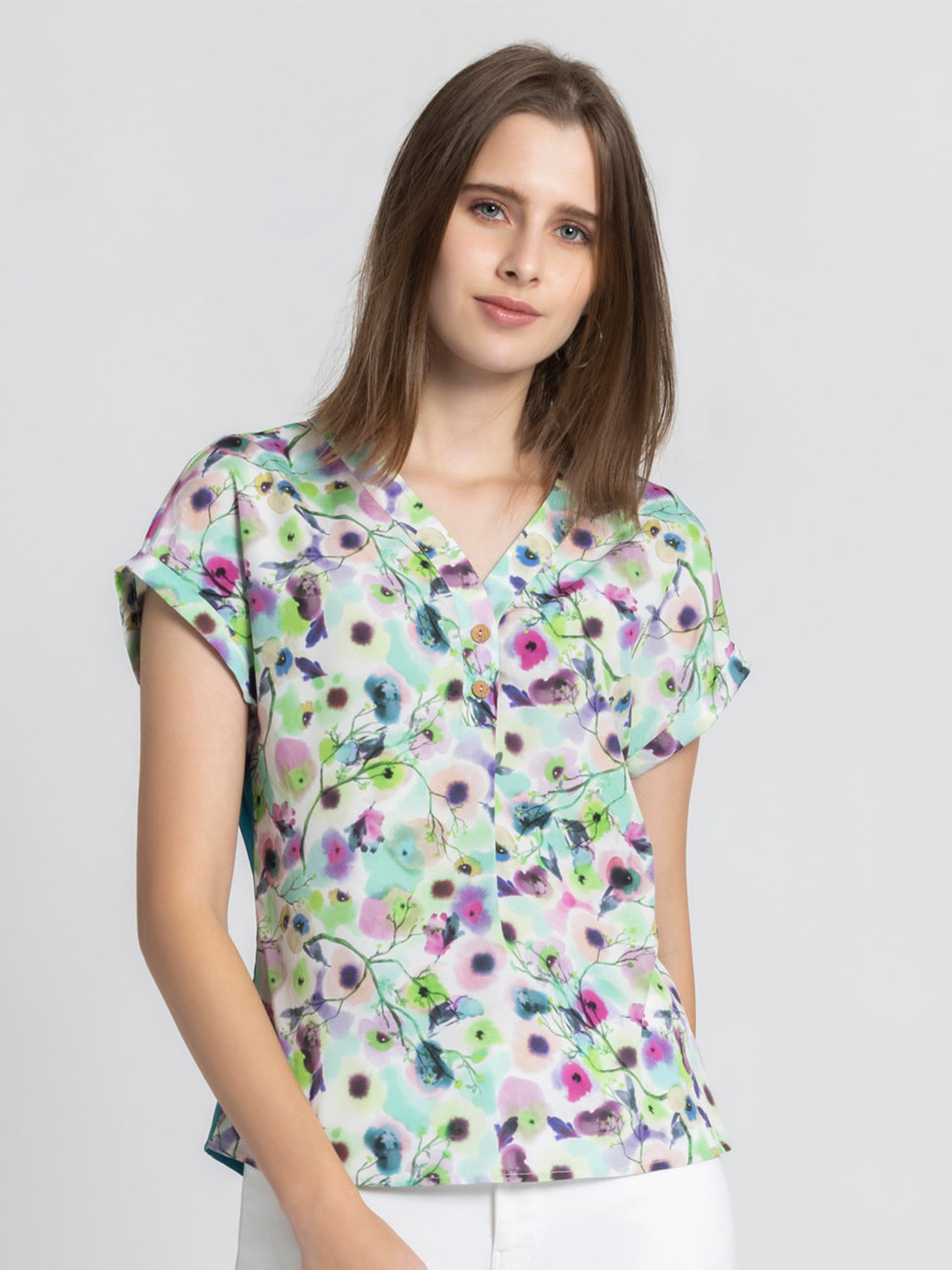 SHAYE Floral Drop V-Neck Extended Sleeves Shirt Style Top