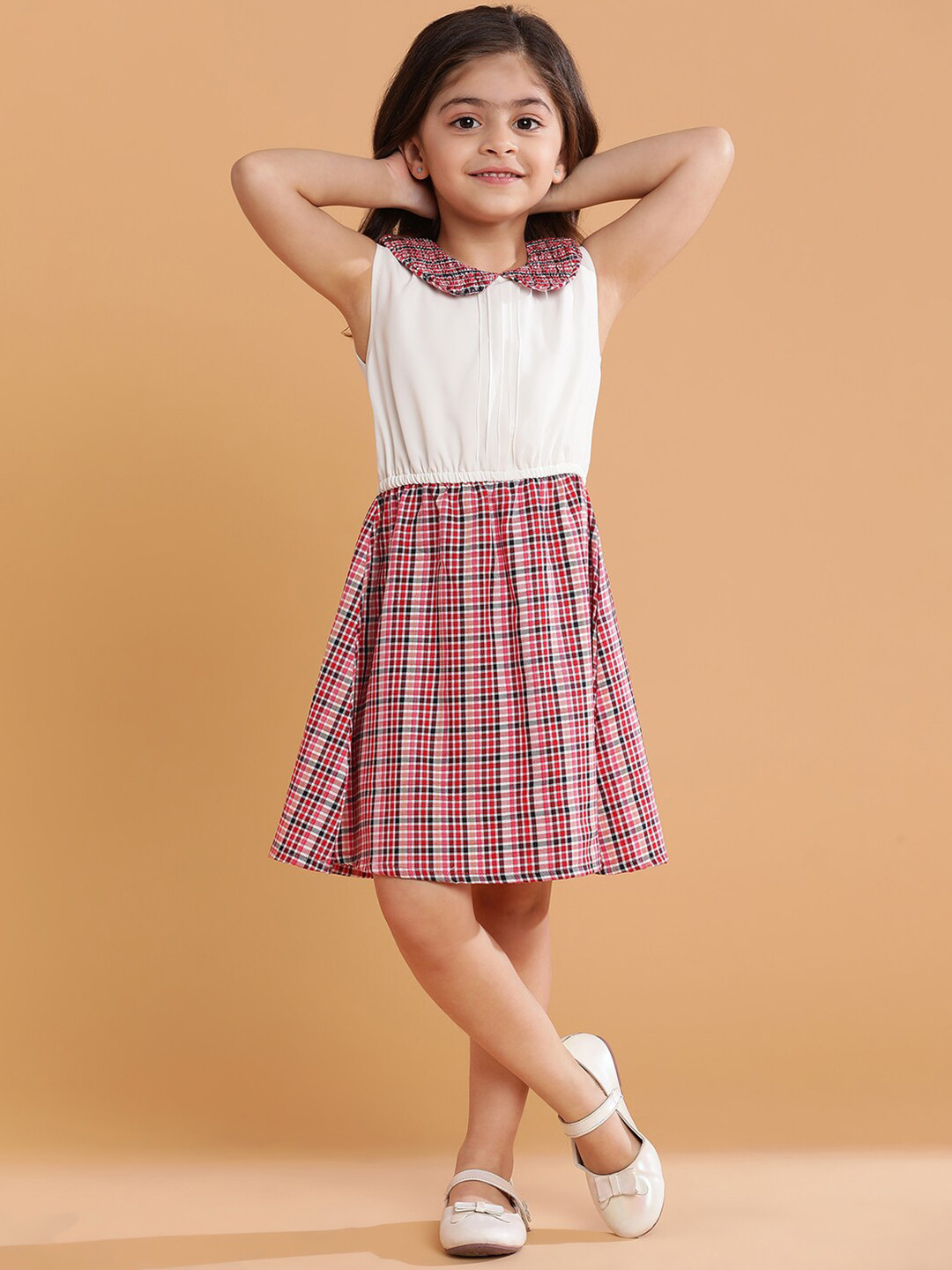 TALES & STORIES Girls Checked Peter Pan Collar Cotton Fit & Flare Dress