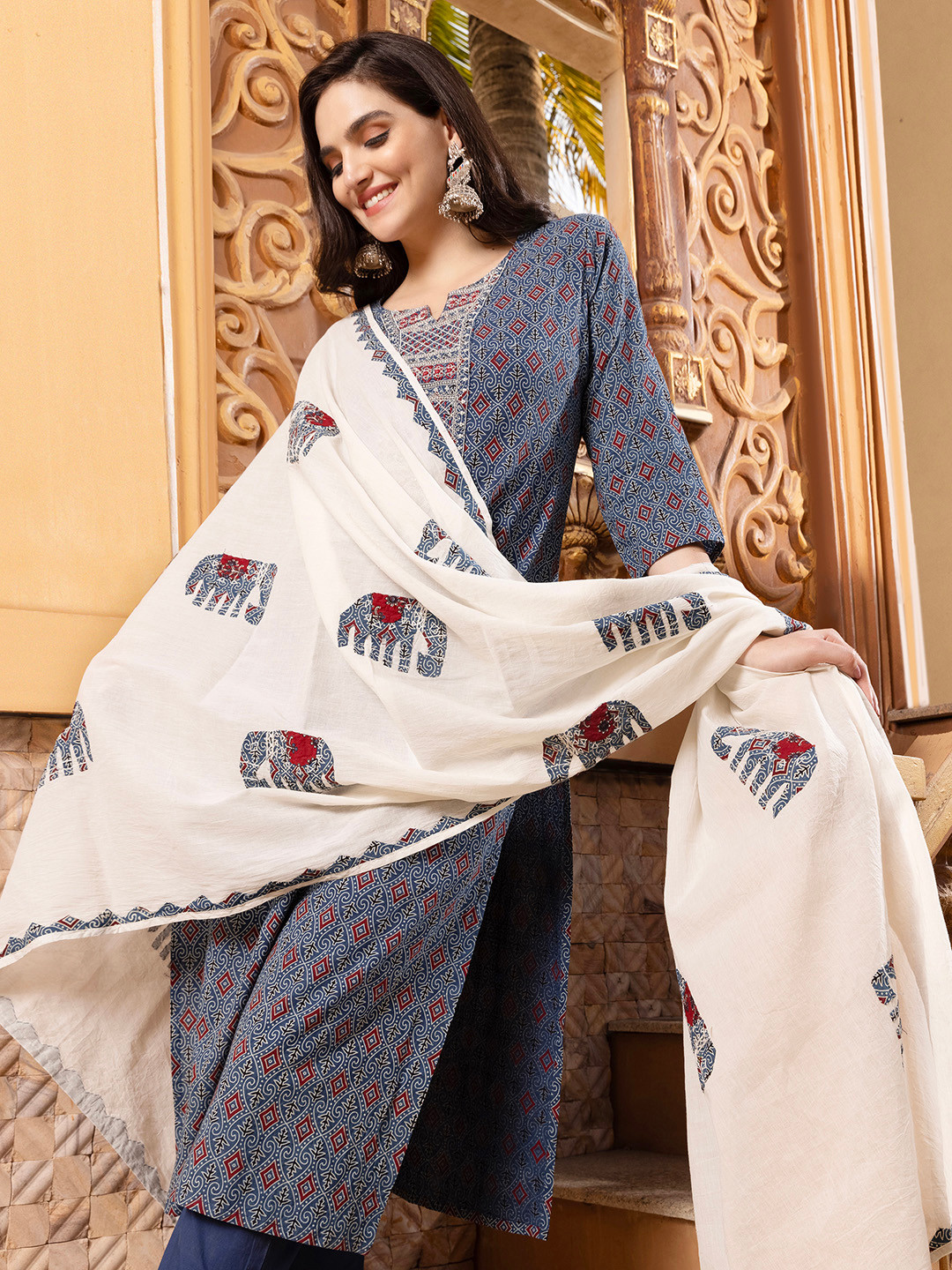 Ishin Ajrakh inspired Printed Cotton Kurta and Pant with Hand Applique Dupatta