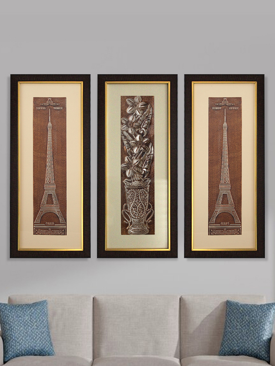 SHREE KALA HOME DECOR Brown & Cream-Coloured 3 Piece Synthetic Wood Paintings Wall Art
