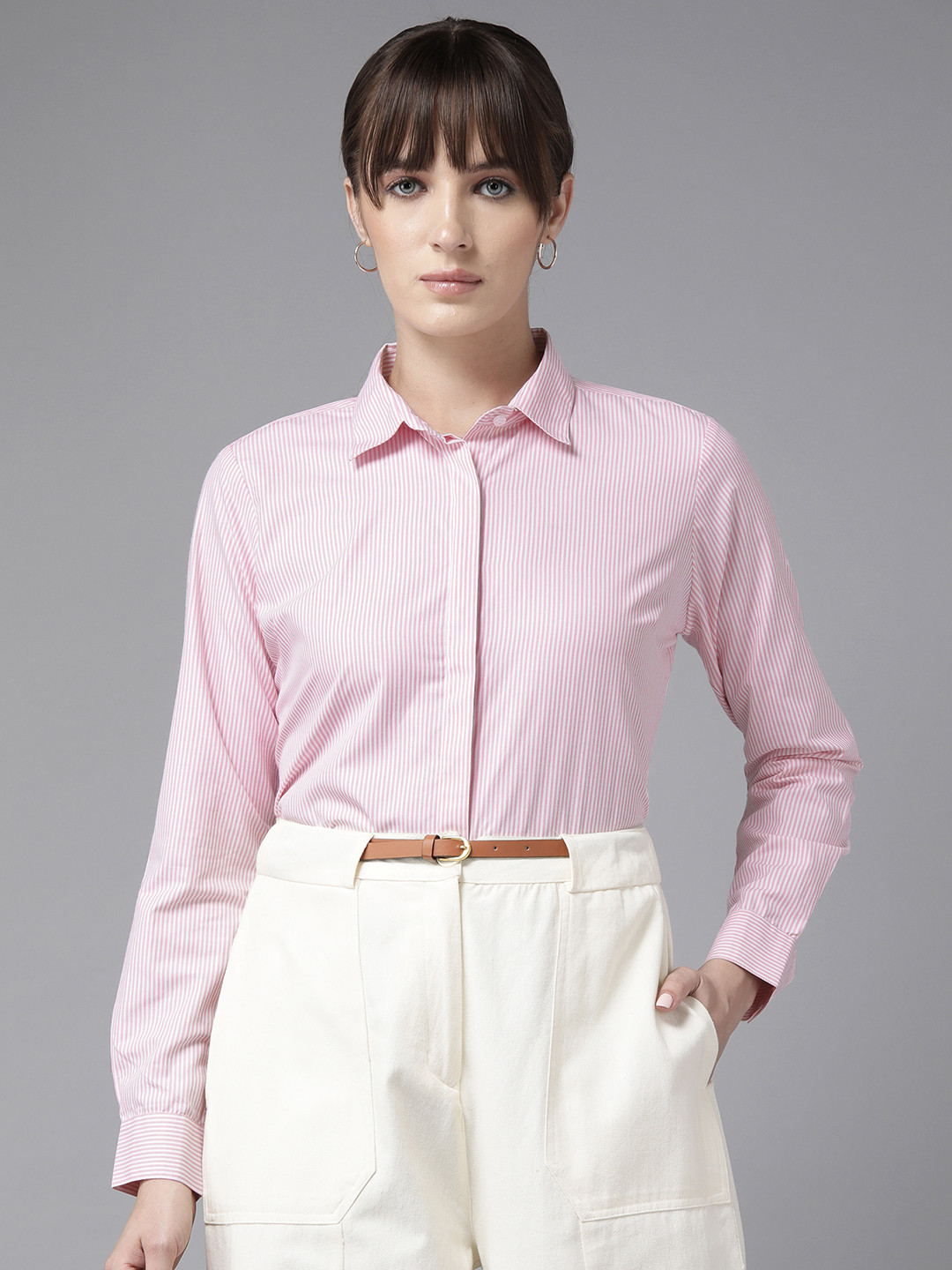 English Navy Pinstripes Striped Wrinkle Free Formal Shirt