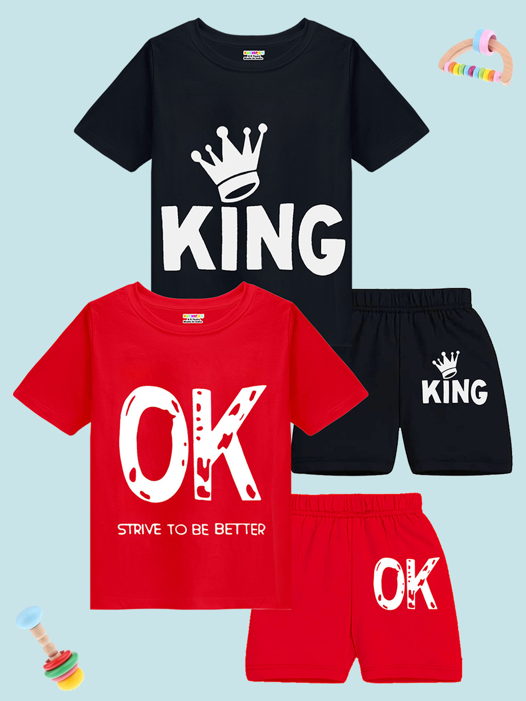 KUCHIPOO Boys Pack Of 2 Typography Printed T-shirt With Shorts