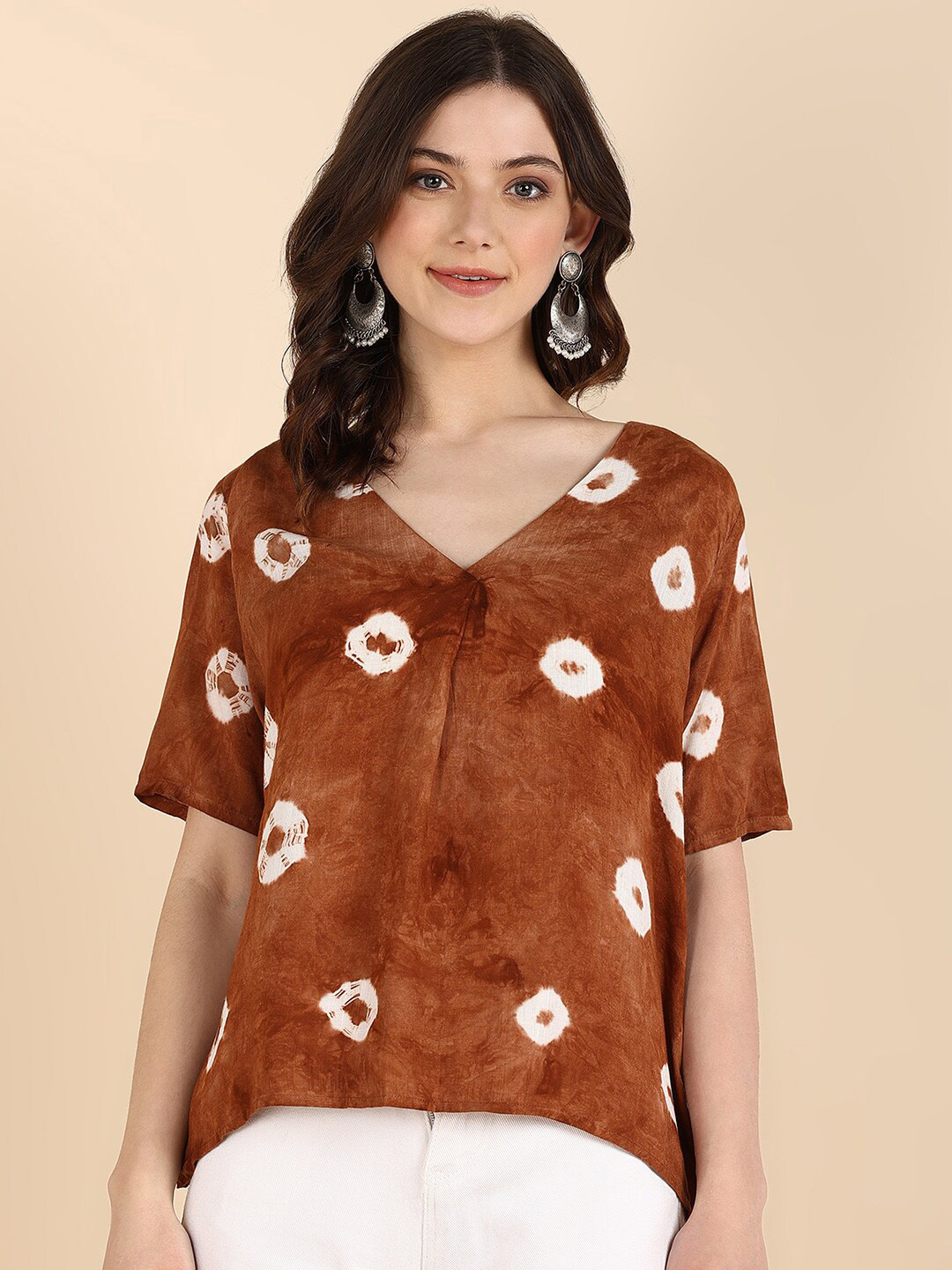 Maaesa Polka Dot Print Bohemian Crepe High-Low Top