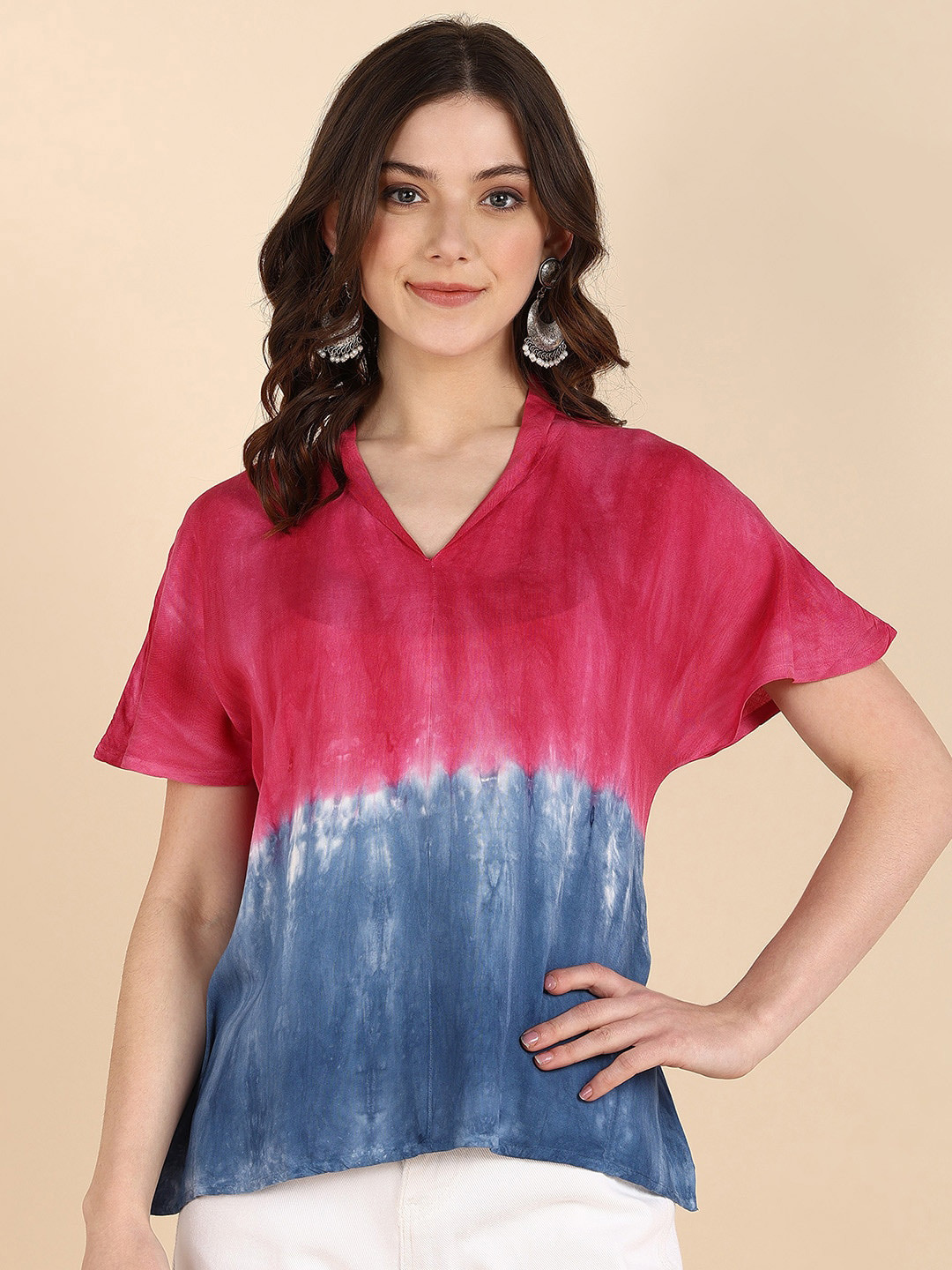 Maaesa Half Tie and Dye V-Neck Extended Sleeves Top