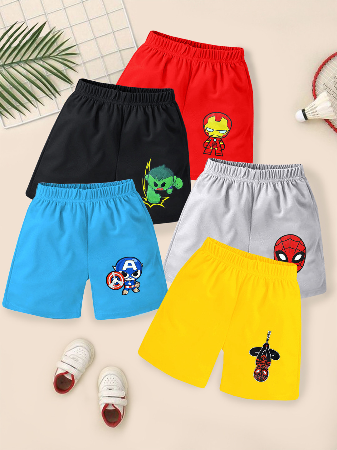 KUCHIPOO Kids Pack Of 5 Marvel Printed Shorts