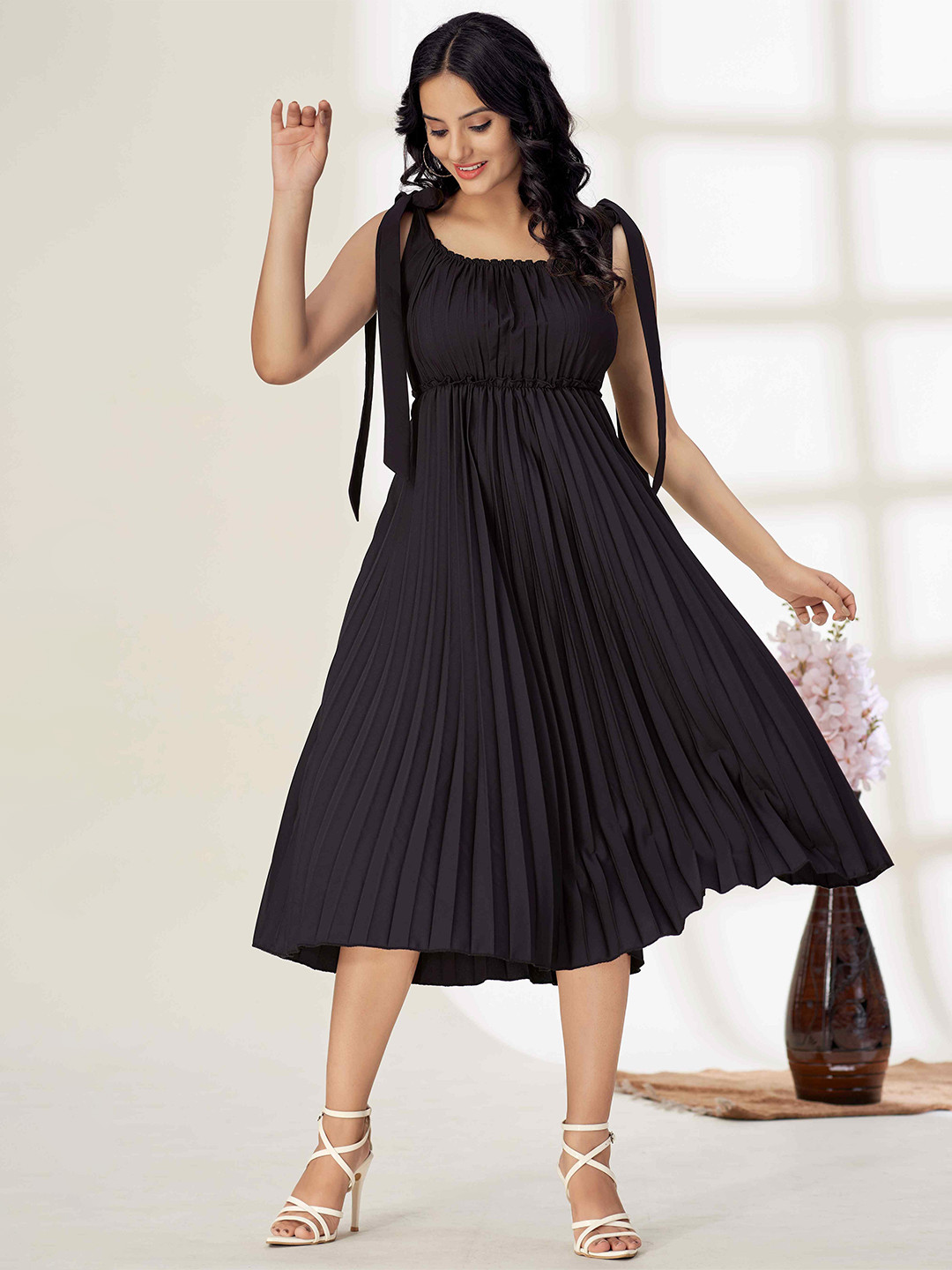 TextileNow Women Pleated Shoulder Tie-ups Dress