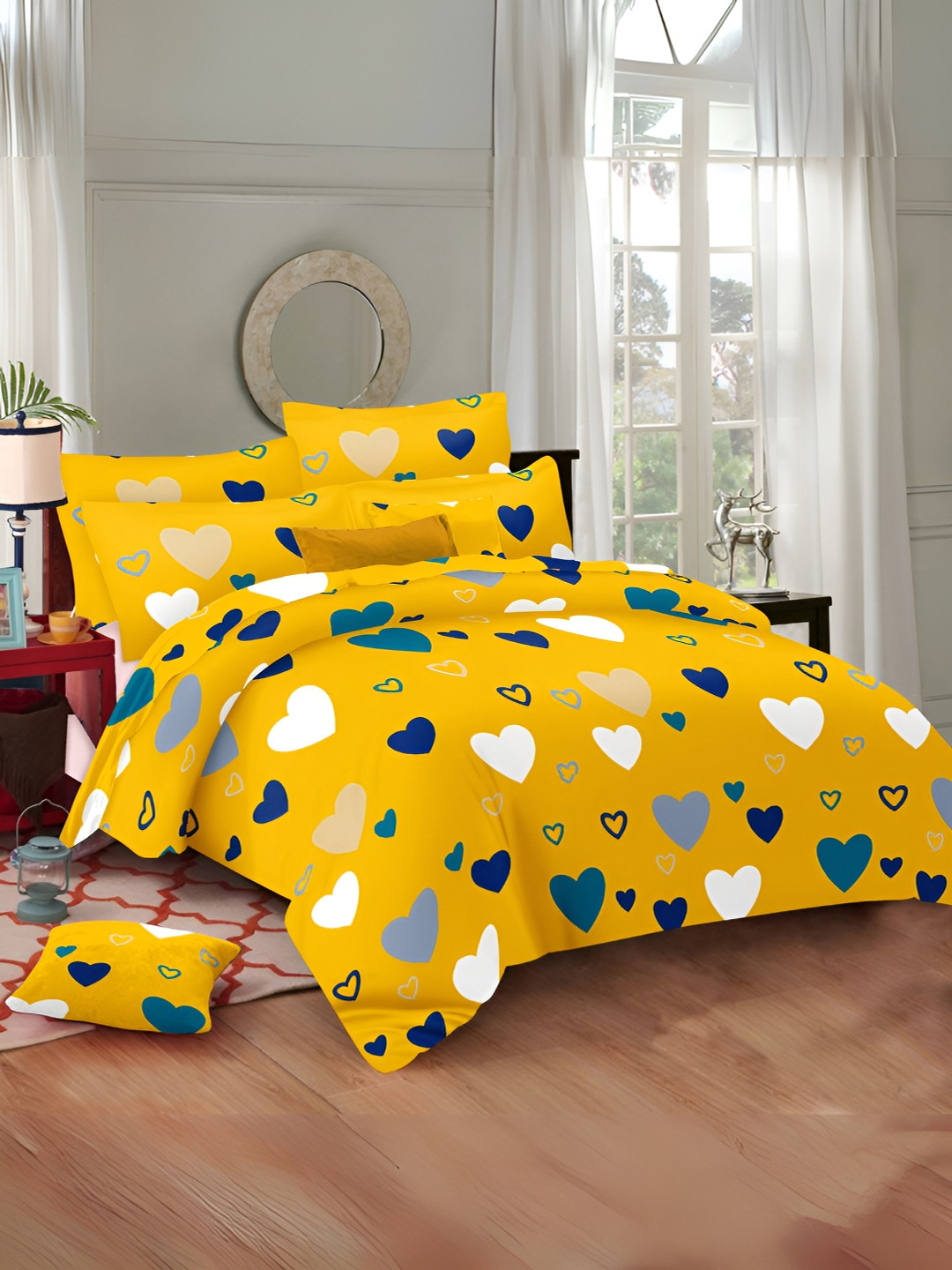 borato Saffron Yellow Conversational Cotton 186 TC Queen Fine Bedsheet with 2 Pillow Covers-94 x 89 inches
