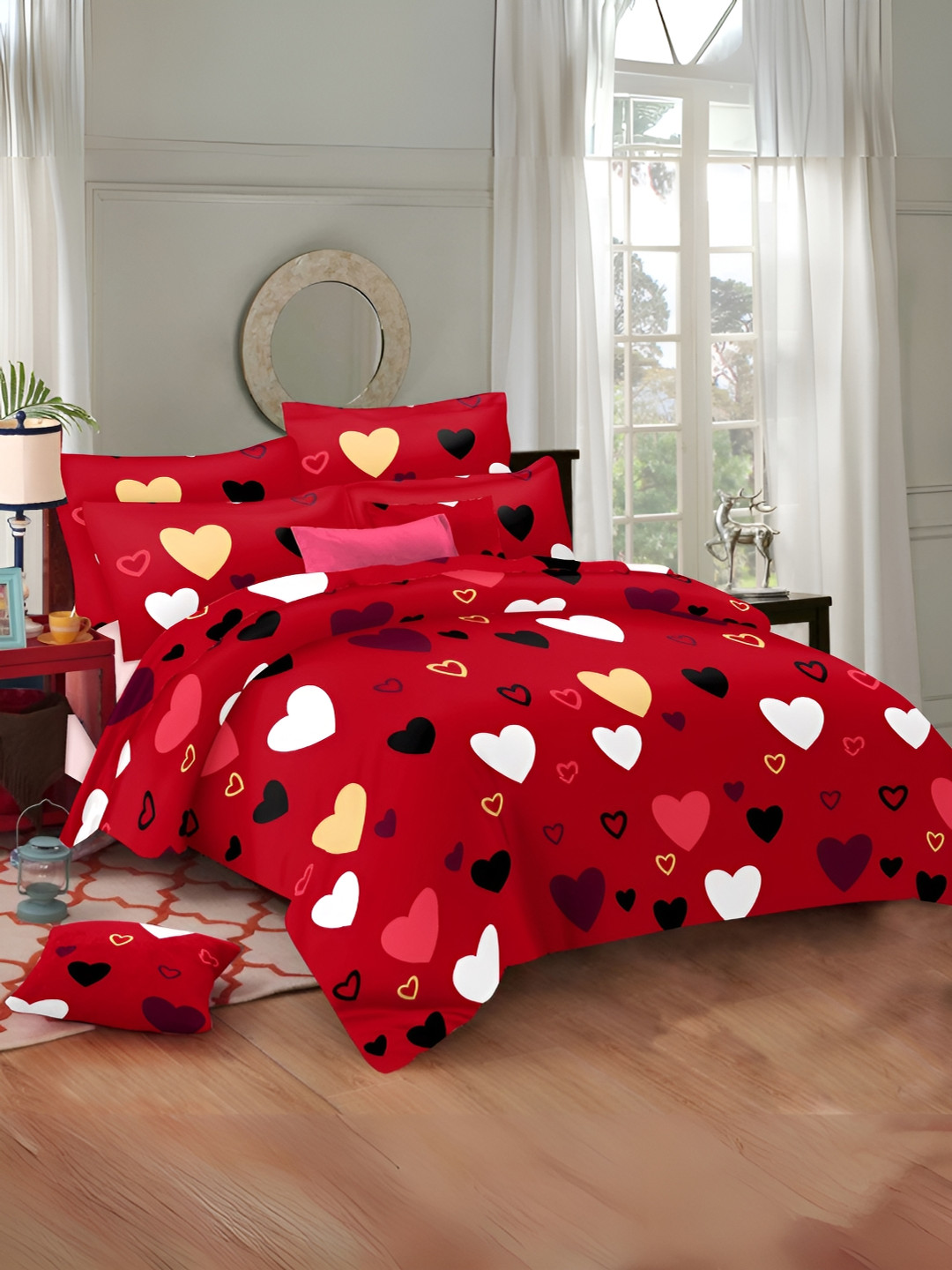 borato Red Conversational Cotton 186 TC Queen Fine Bedsheet with 2 Pillow Covers-94 x 89 inches