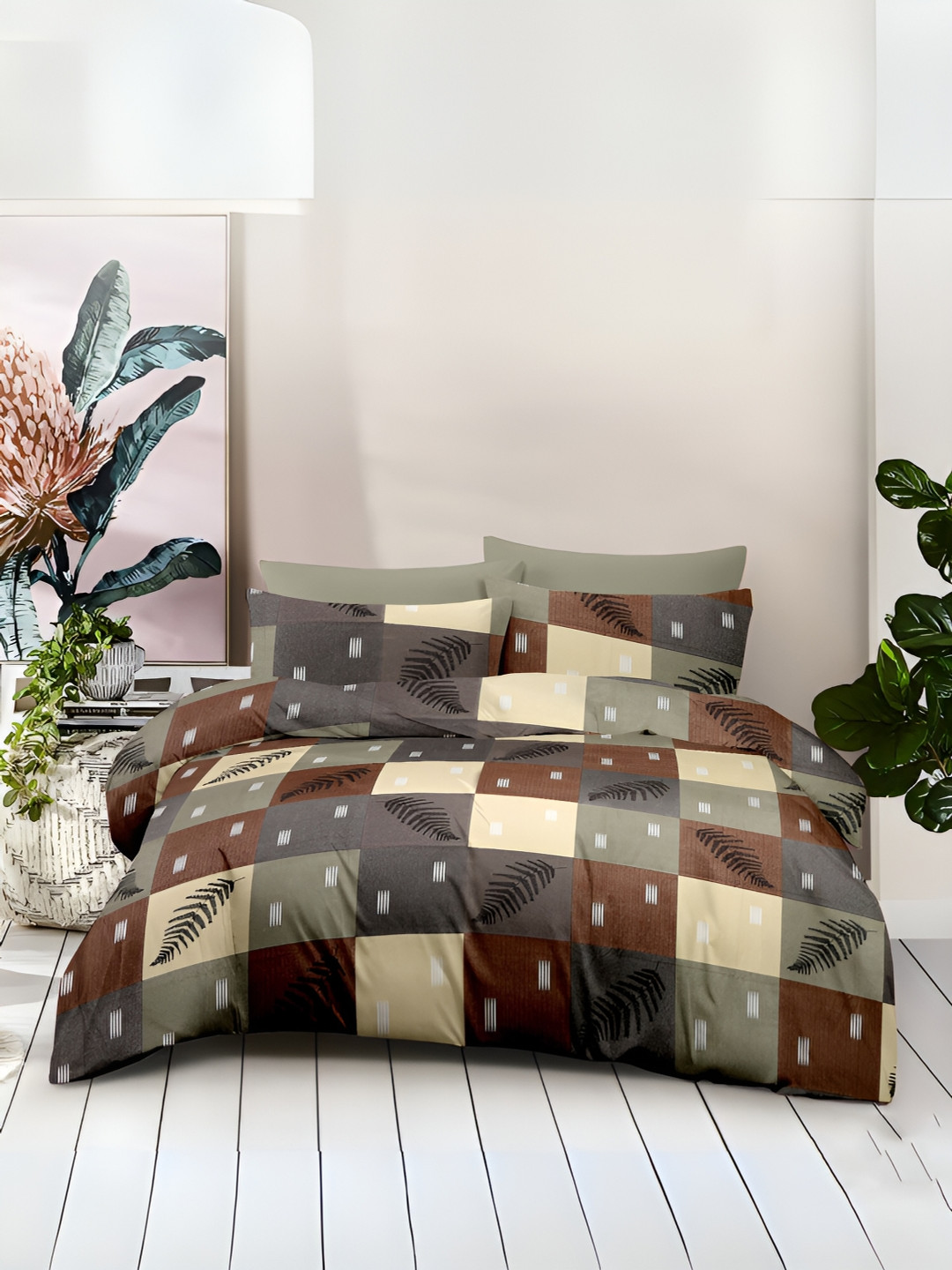 borato Saffron Green Geometric Cotton 186 TC Queen Fine Bedsheet with 2 Pillow Covers-94 x 89 inches