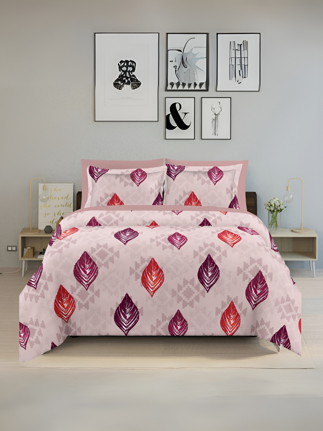 borato Petals Lavender Leaf Cotton 150 TC Queen Bedsheet with 2 Pillow Covers-94 x 89 inches