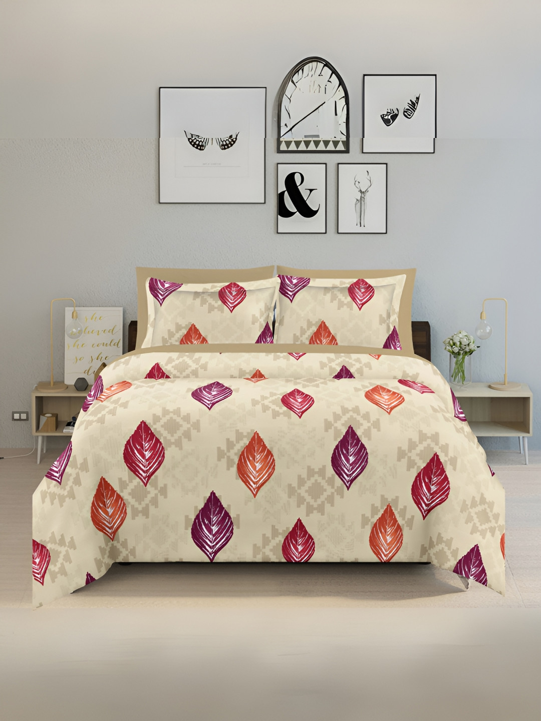 borato Cream Leaf Cotton 150 TC Queen Bedsheet with 2 Pillow Covers-94 x 89 inches