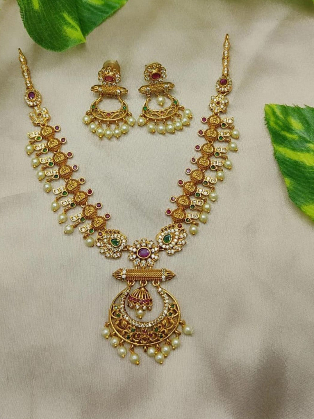 Adc fashions Gold-Plated Artificial Stones & Beads Studded Temple Necklace Earrings Set