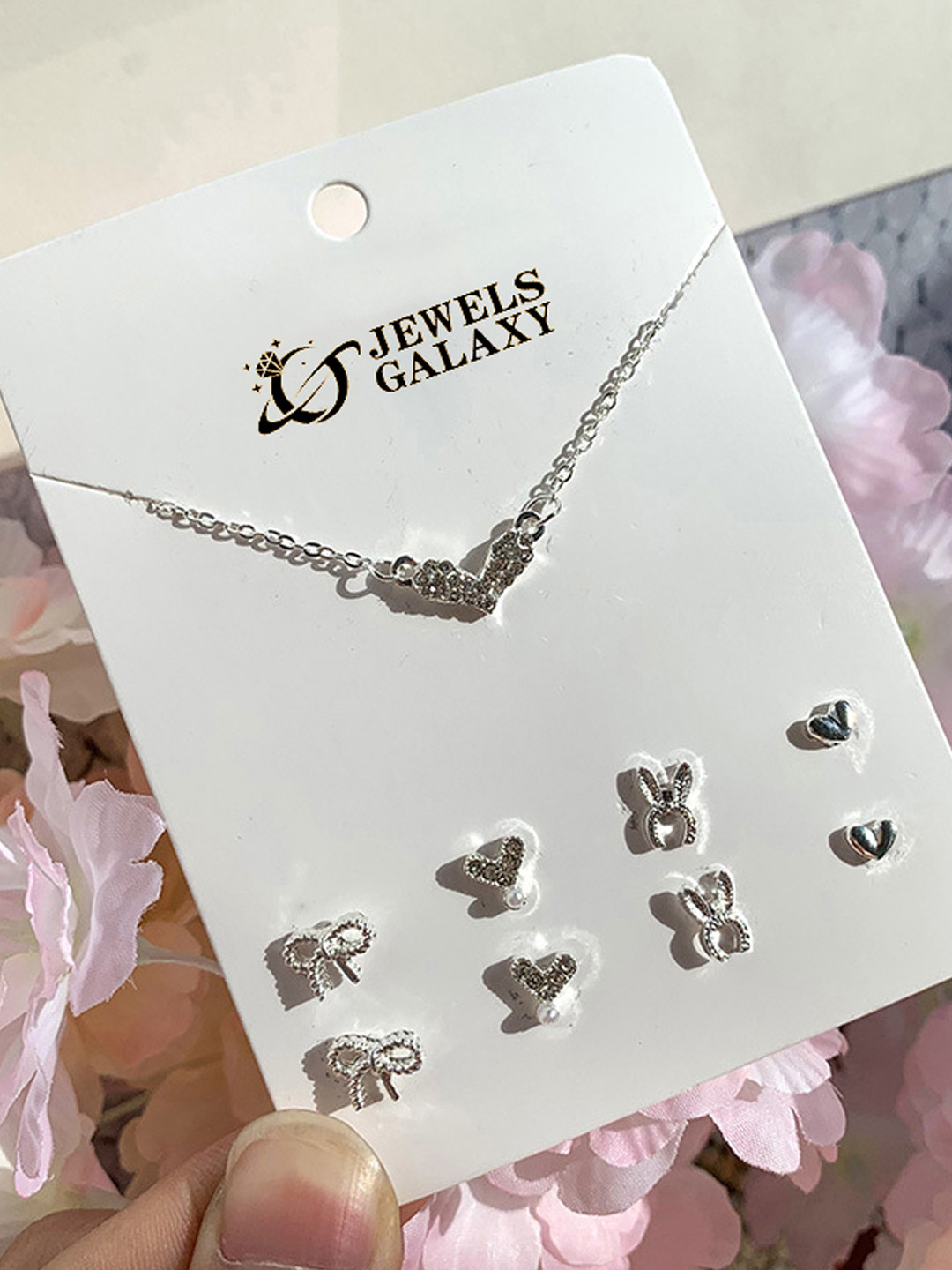 Jewels Galaxy Silver Plated Stone-Studded Heart Inspired Jewellery Set