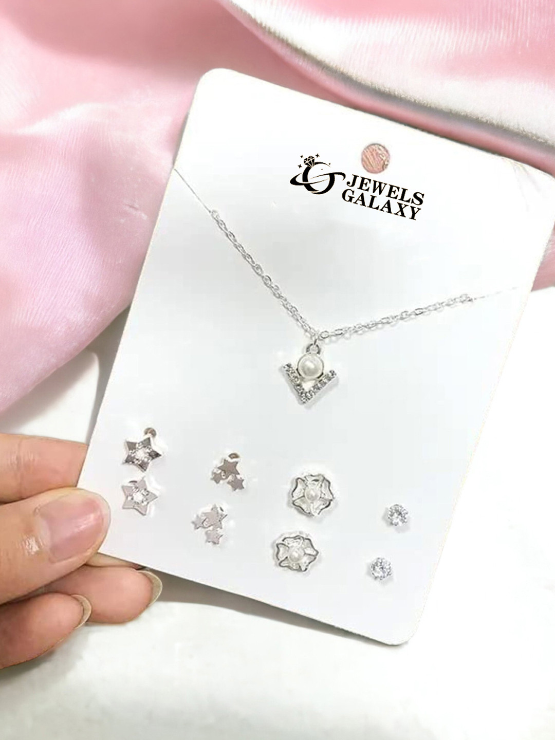 Jewels Galaxy Silver Plated Stone-Studded Stars Inspired Jewellery Set