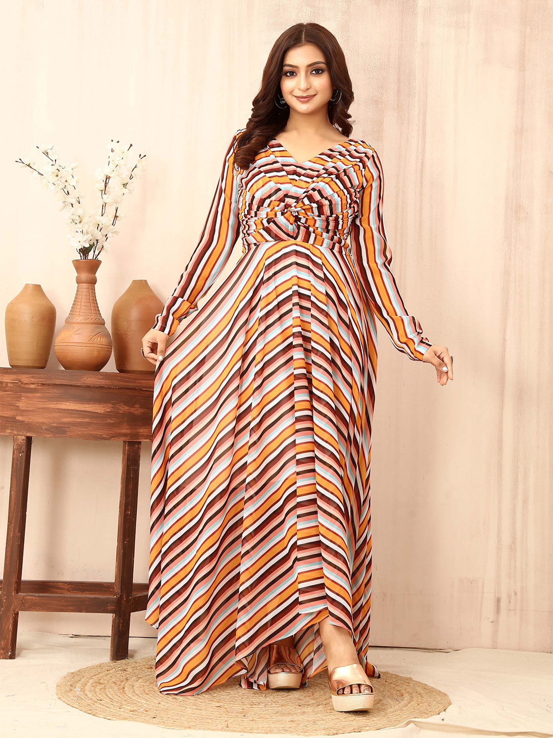 TWAM SUNDARA Striped Long Sleeves Georgette Maxi Dress