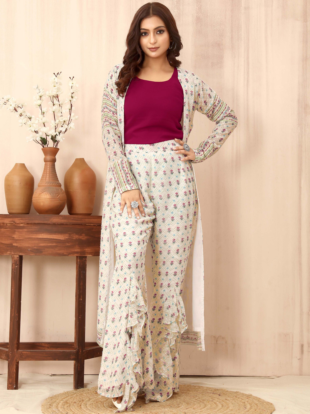 TWAM SUNDARA Printed Top With Sharara & Shrug