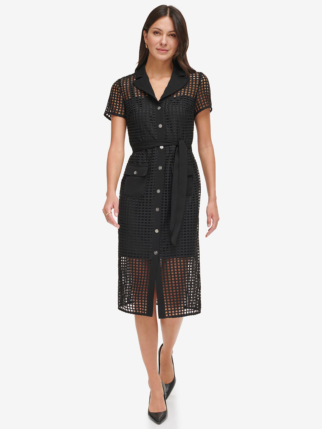 DKNY Self Design Shirt Collar Short Sleeves Shirt Midi Casual Dress Comes With A Belt