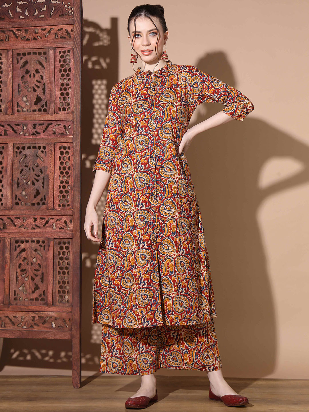 Vbuyz Kalamkari Floral Kalamkari Printed Mandarin Collar Pure Cotton Top & Palazzos