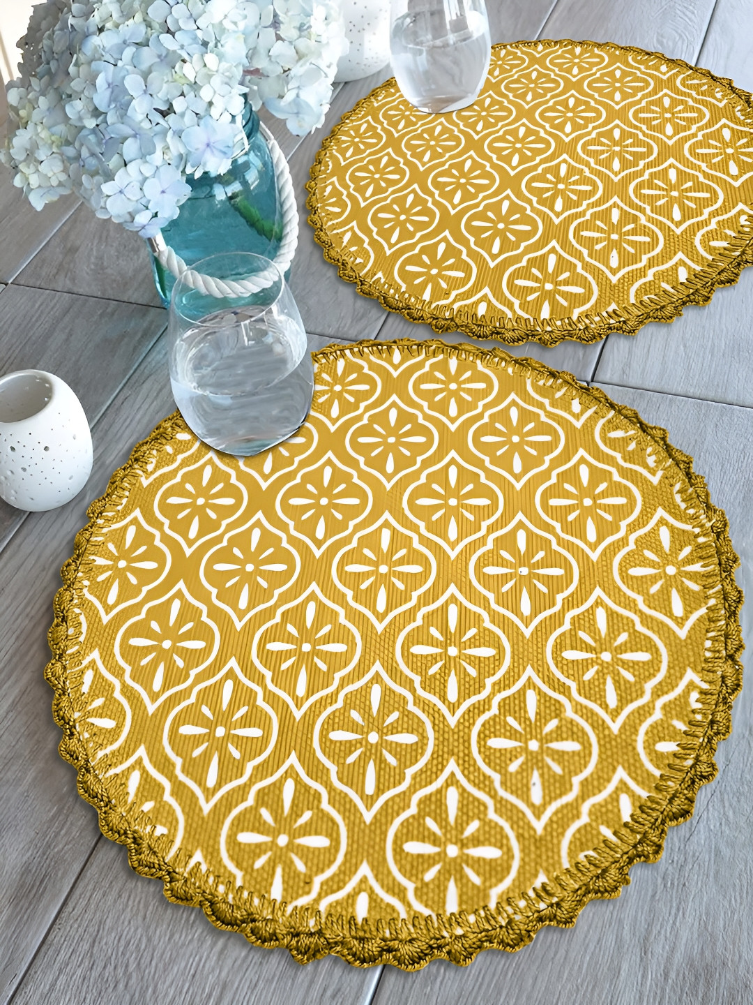Saral Home 2-Pcs Yellow & White Printed Cotton Anti Skid Table Placemats
