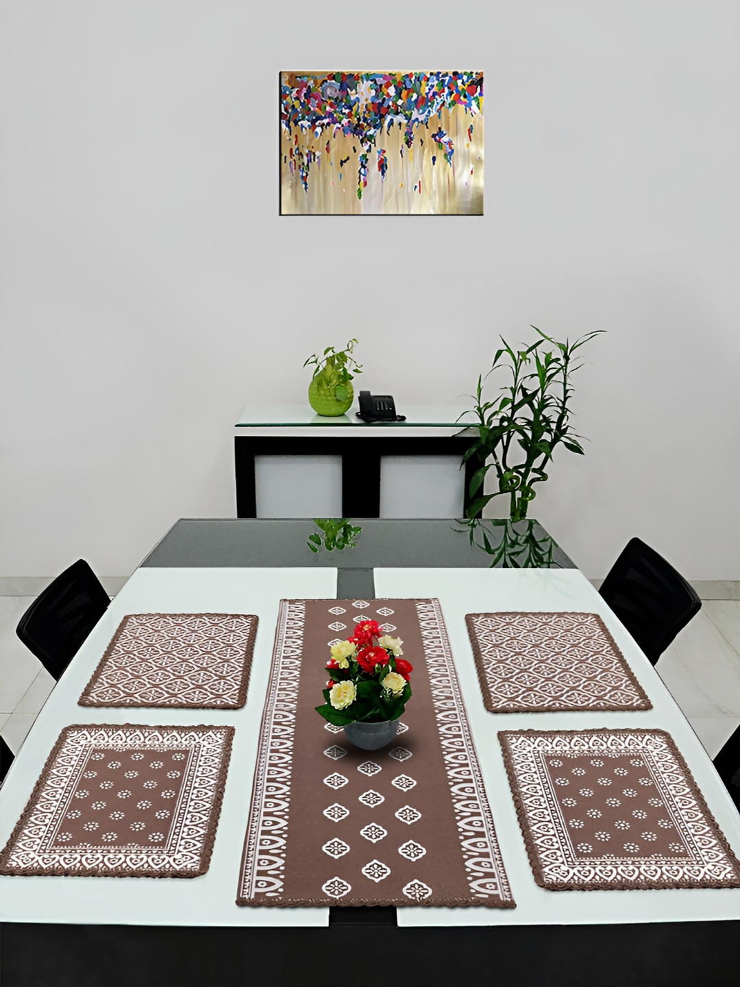Saral Home Brown 5 Pieces  Ethnic Motifs Printed Cotton Table Linen Set