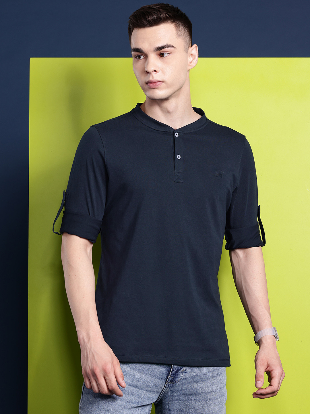 Hancock Men Henley Neck Roll-Up Sleeves Pure Cotton T-shirt