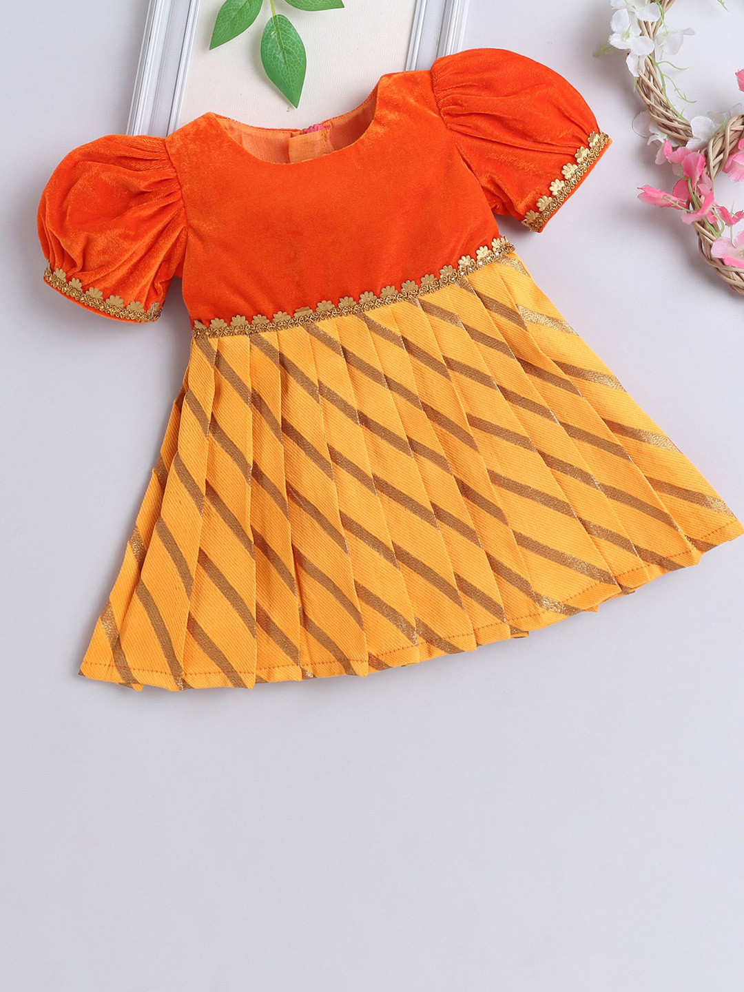 MANY FROCKS & Girls Striped Velvet Round Neck Puff Sleeve Fit & Flare Dress