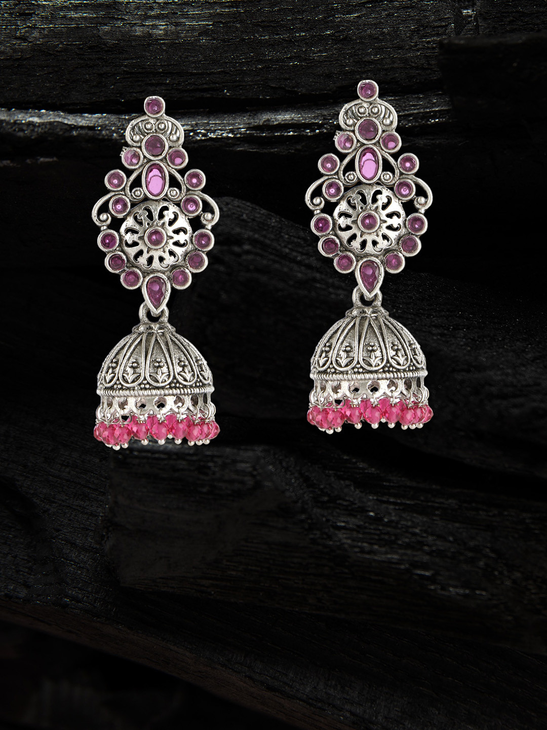 Sangria Silver-Plated Stone Studded Oxidised Drop Jumkas