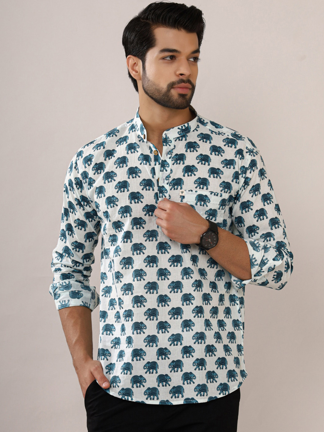 Hues Fab Mandarin Collar Ethnic Motifs Printed Cotton Kurta