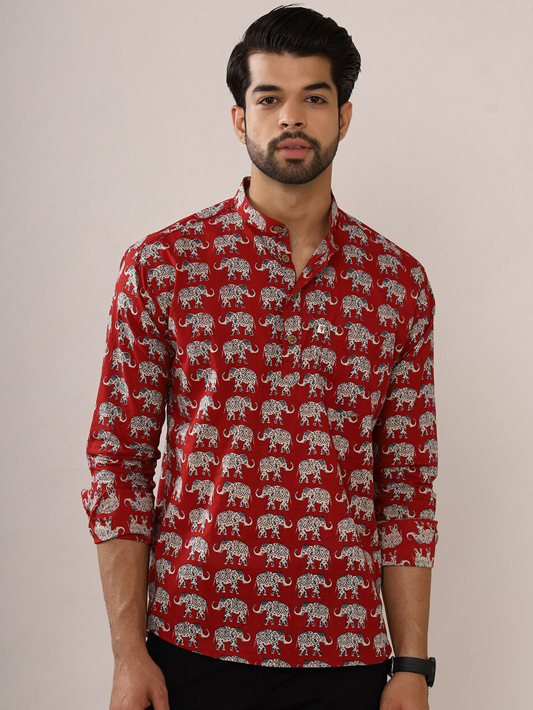Hues Fab Mandarin Collar Ethnic Motifs Printed Cotton Kurta