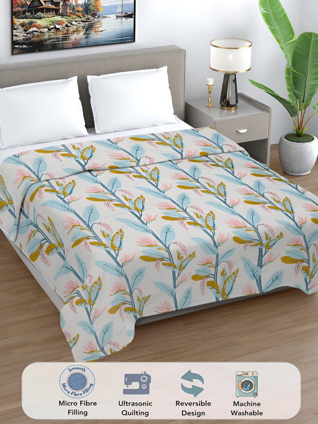 FABINALIV Floral Ultrasonic Quilted Reversible 350 GSM AC Room Double Bed Comforter