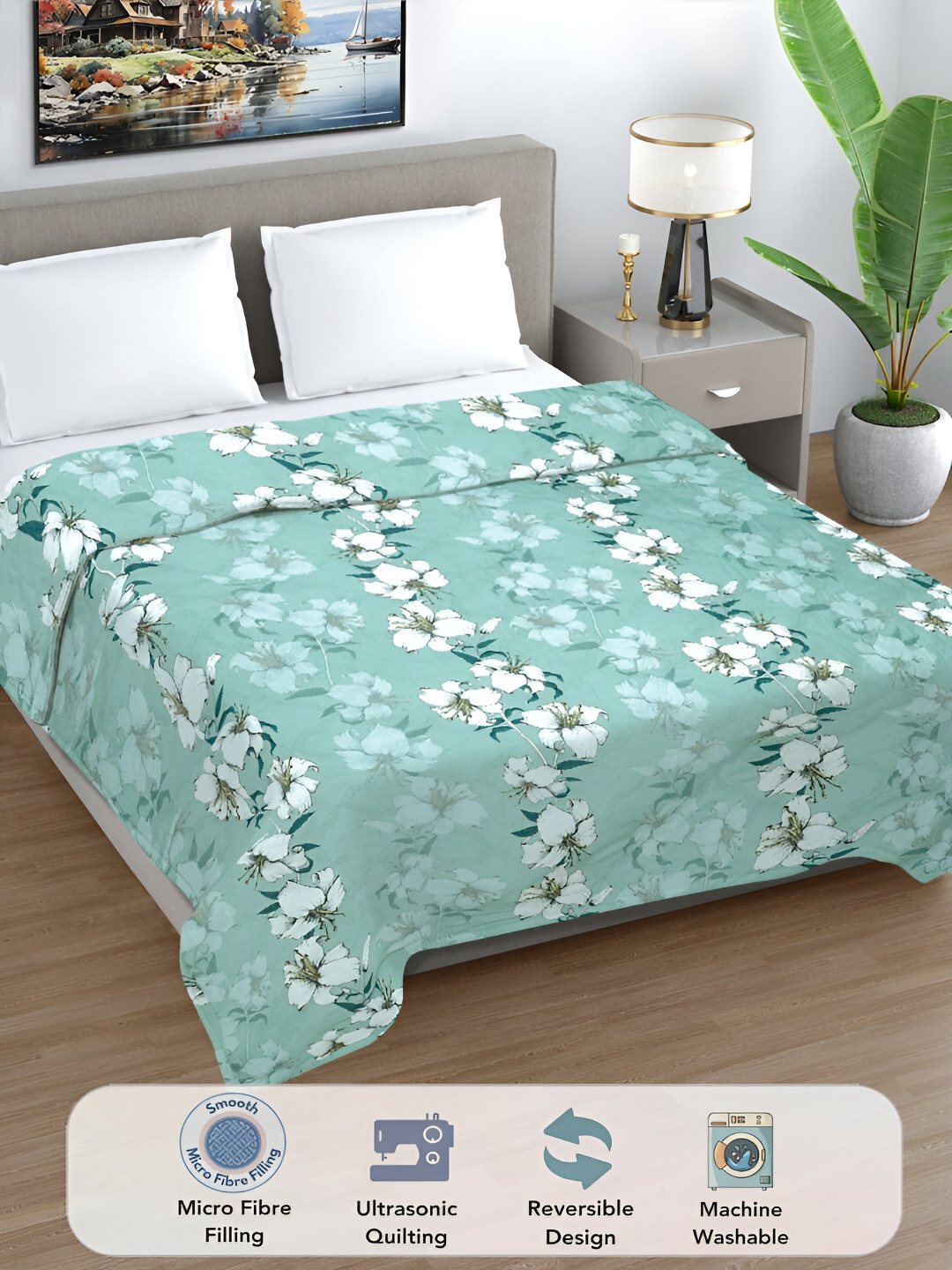 FABINALIV Green Floral Ultrasonic Quilted Reversible 350 GSM AC Room Double Bed Comforter