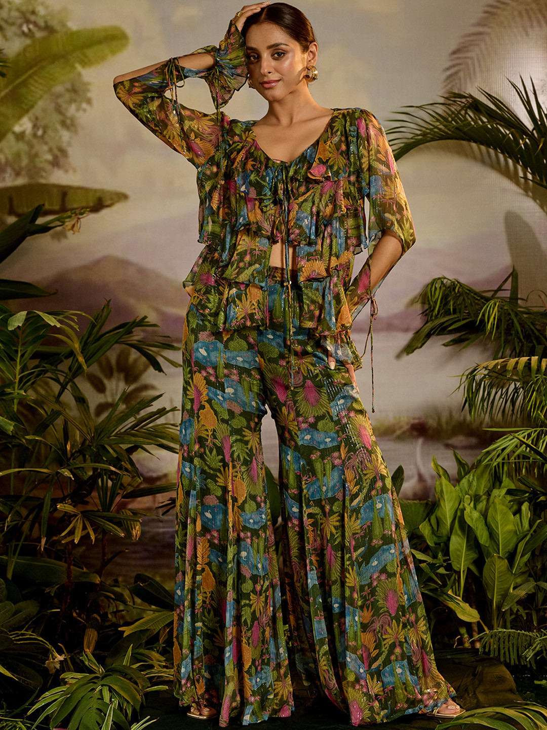 Baise Gaba Floral Printed Silk Chiffon Top With Palazzo