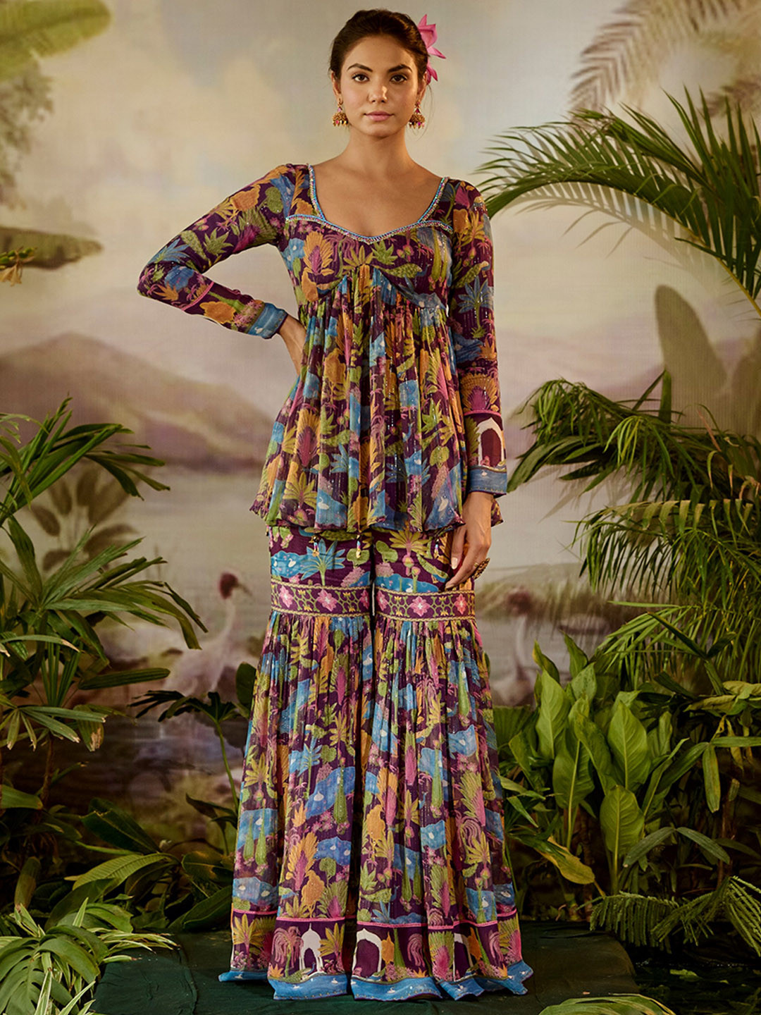 Baise Gaba Floral Embroidered Empire Beads and Stones Kurti with Sharara