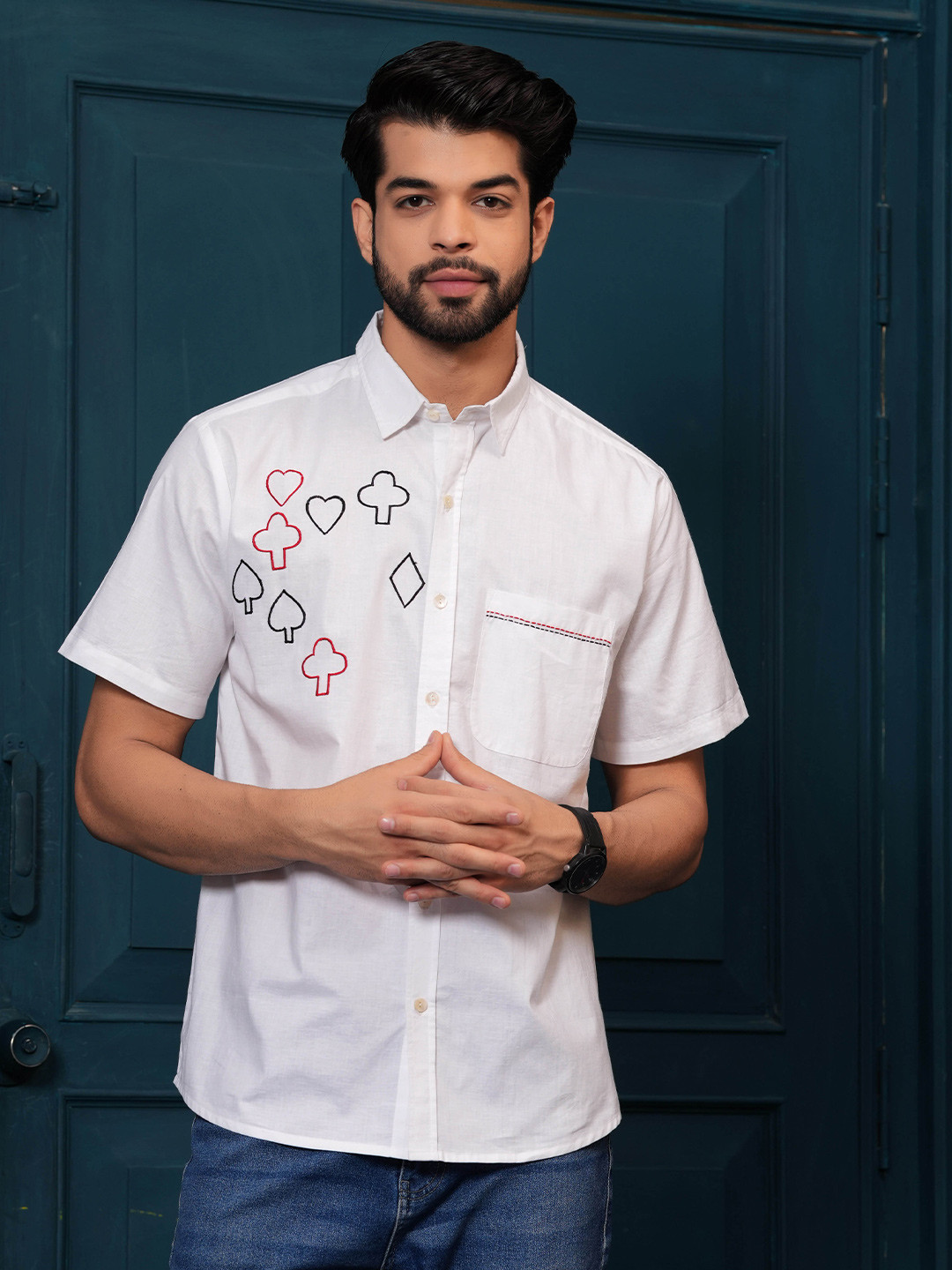 Hatheli Self Design Cotton Half Sleeves Casual Shirt