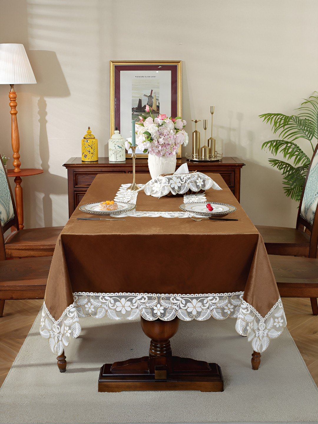 TANLOOMS Brown Floral Anti-Skid 2-Seater Table Cover with Embroidered details