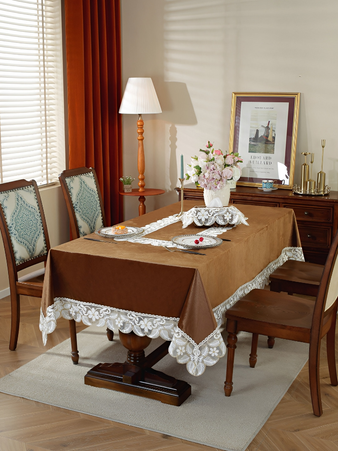 TANLOOMS Brown Floral Anti-Skid 8-Seater Table Cover with Embroidered details