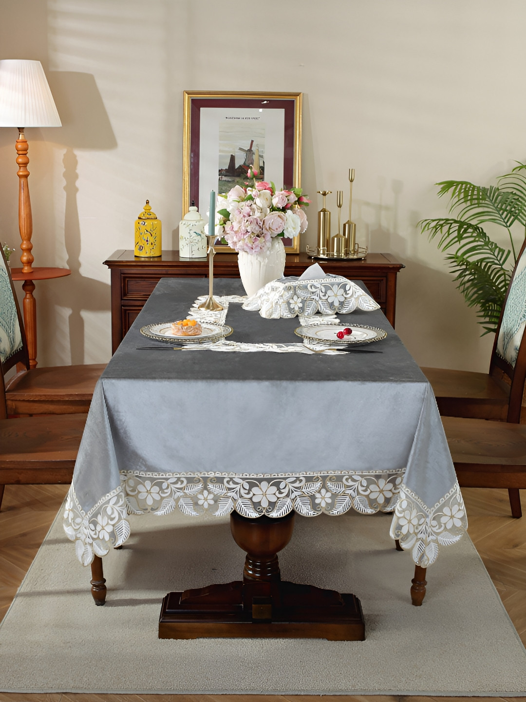 TANLOOMS Grey Floral Anti-Skid 2-Seater Table Cover with Embroidered details