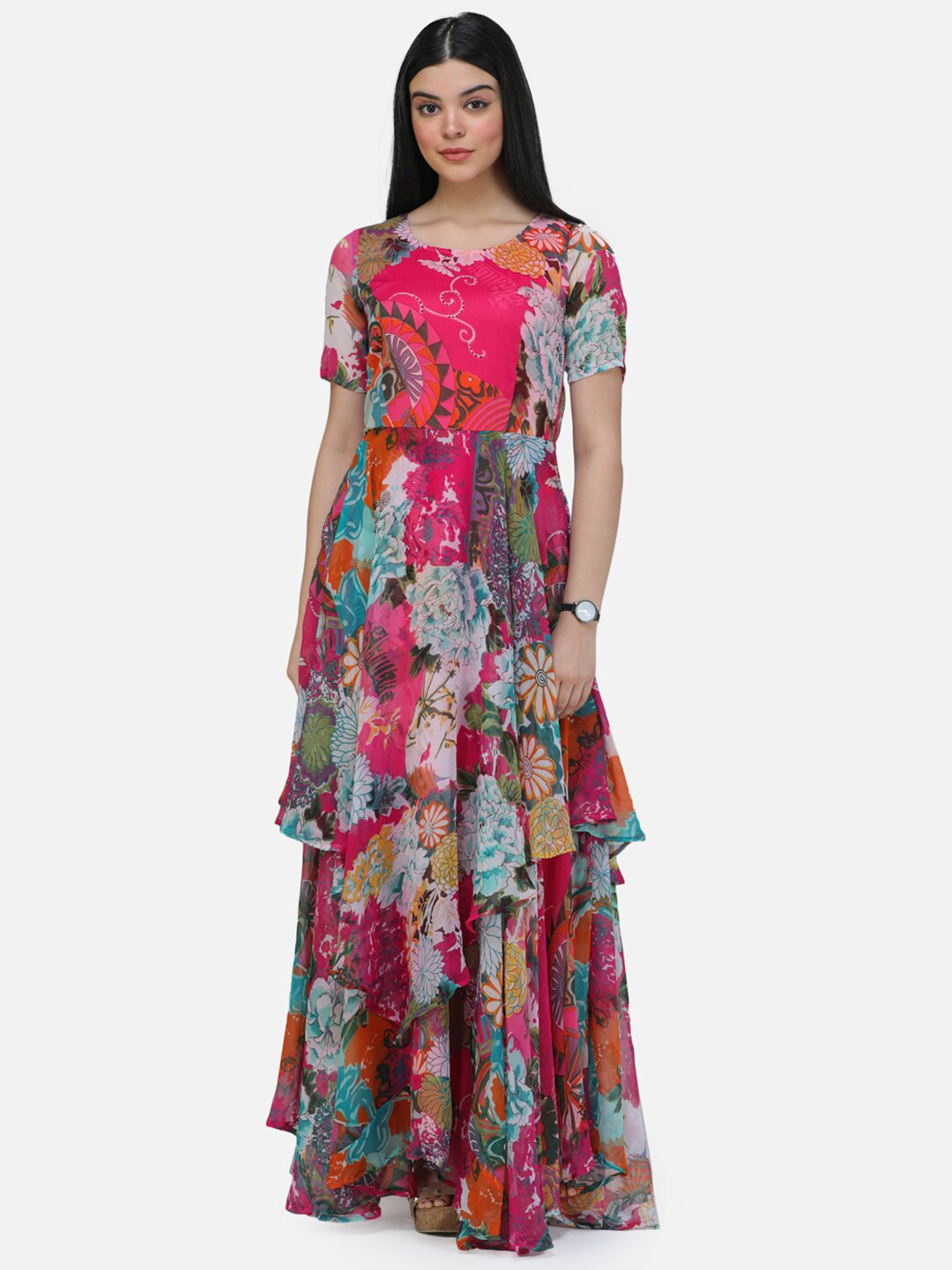 Cation Pink Floral Printed Round Neck Chiffon Maxi Dress
