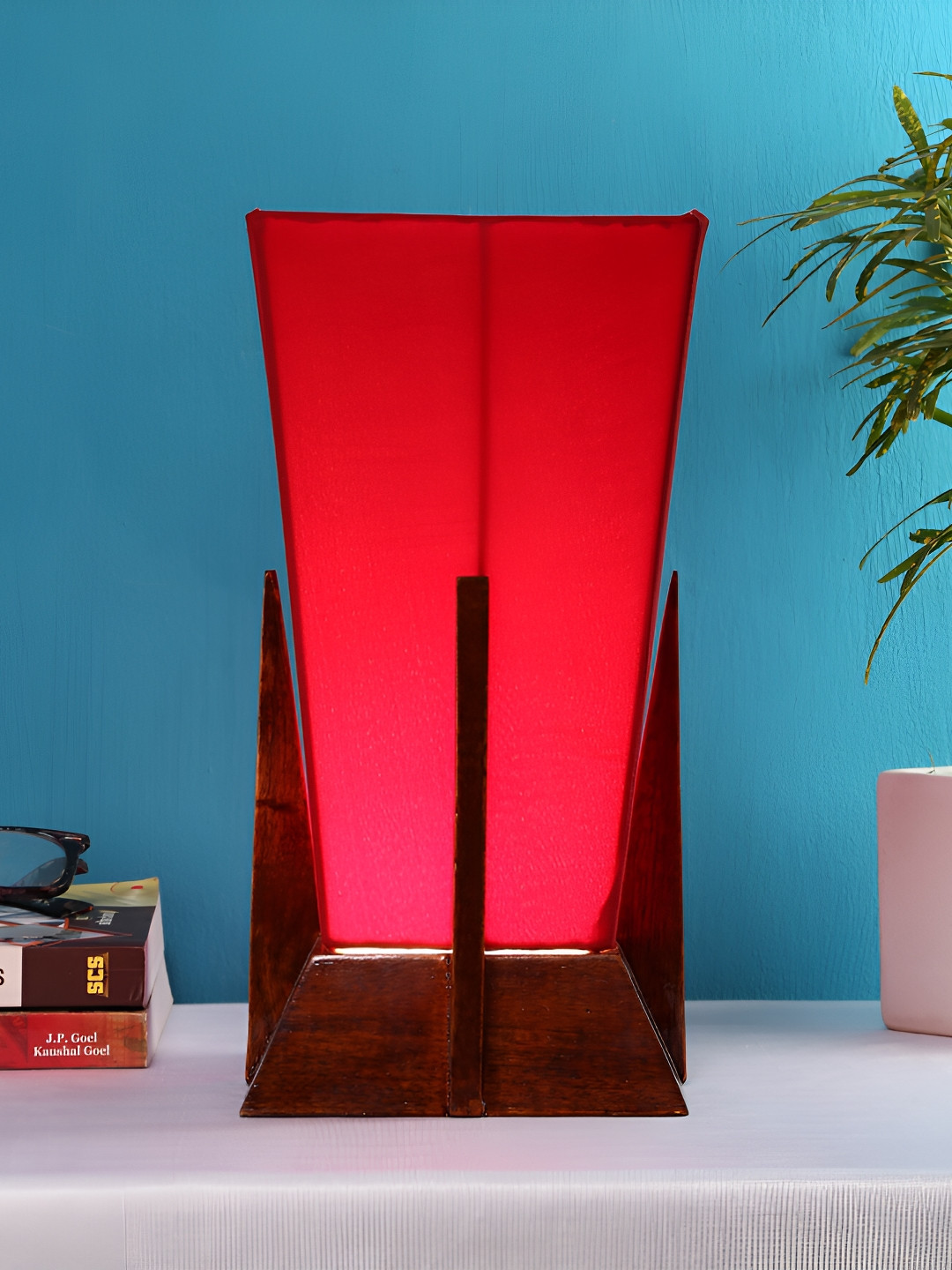 Devansh Red Wooden Contemporary Triangle Shaped Table Lamp