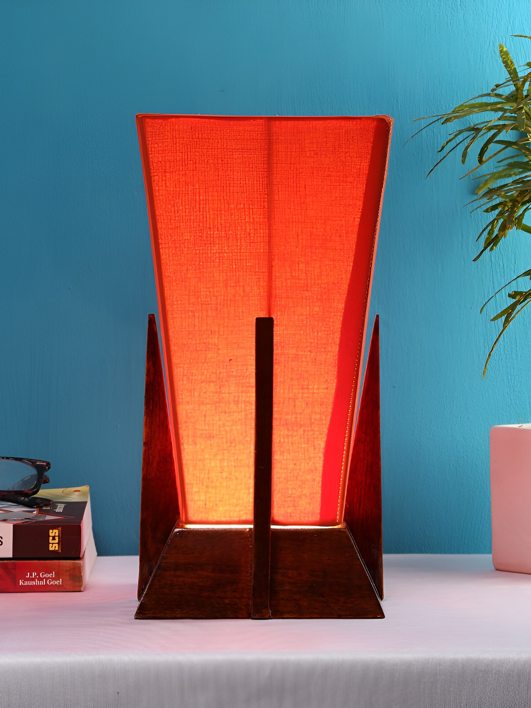 Devansh Orange Wooden Textured Contemporary Triangle Shaped Table Lamp