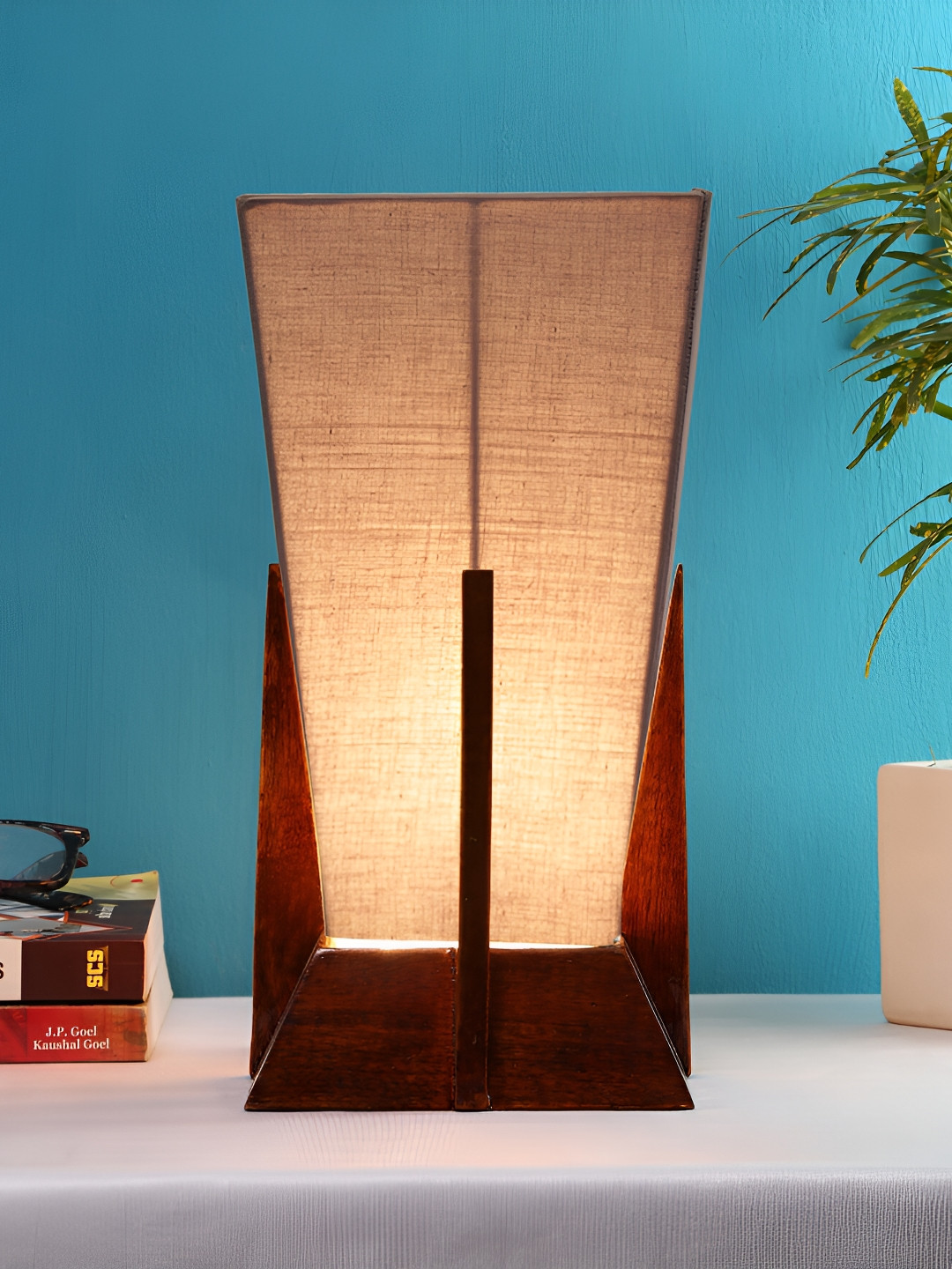 Devansh Grey Wooden Textured Contemporary Triangle Shaped Table Lamp