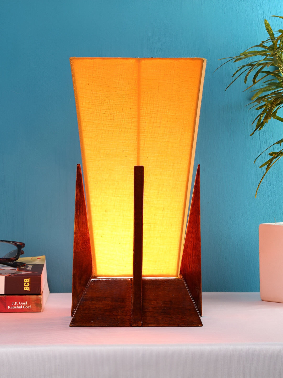 Devansh Yellow Wooden Contemporary Triangle Shaped Table Lamp